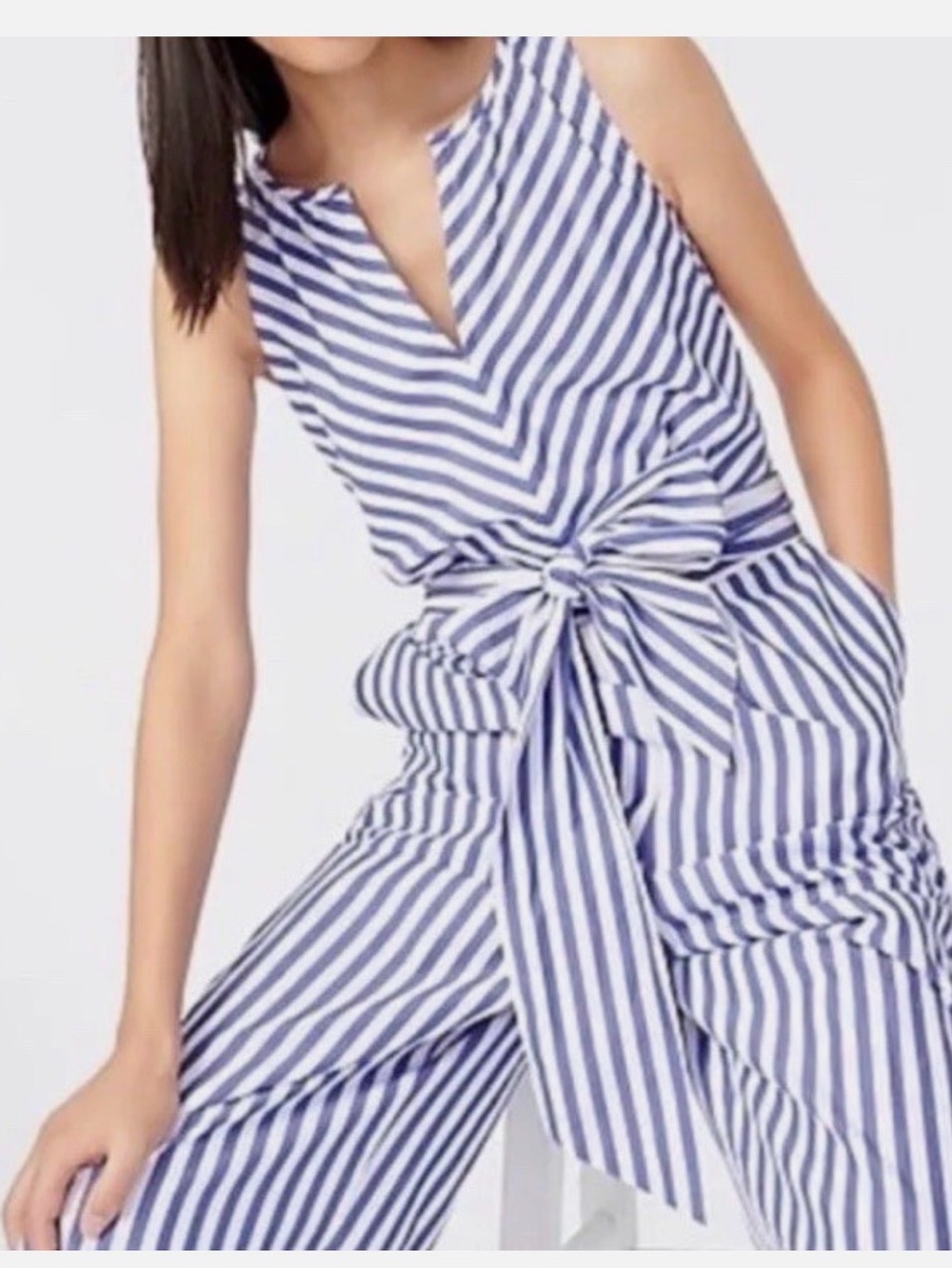 J Crew Women’s Striped Blue and White Sleeveless Tie-Waist Jumpsuit. Size 16.NWT